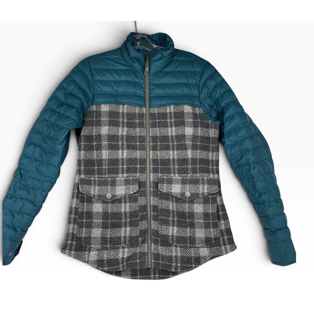 Toad & Co Breckenridge Puffer Jacket Womens Small Teal Grey Plaid Wool Hybrid